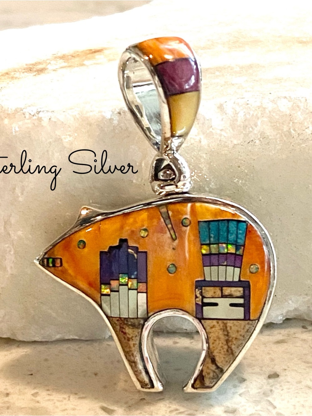Sterling Silver Micro Inlay Bear Reversible Pendant, Southwestern Style Design - Picture 7 of 11